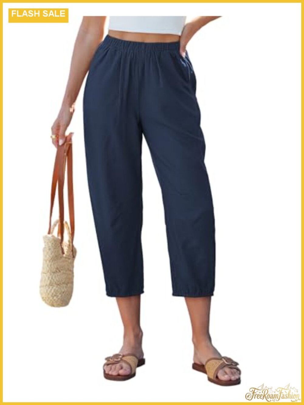 Linen High Waisted Pull On Barrel Capri Pants Women Summer Casual